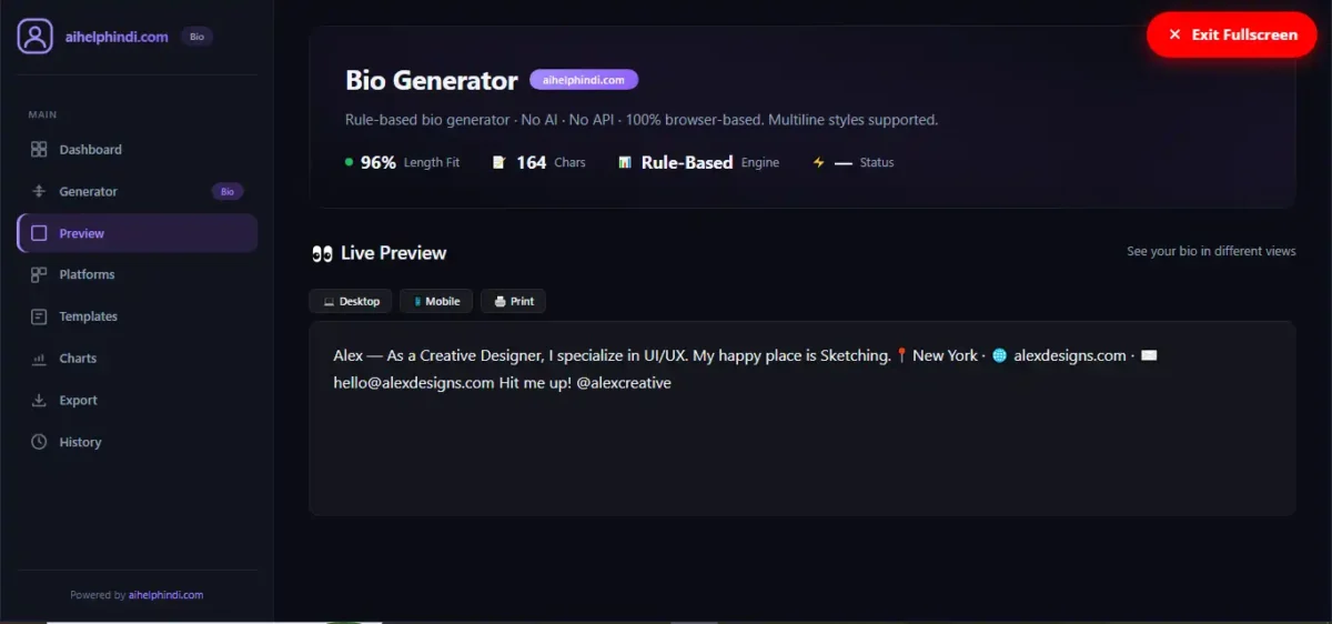 Bio generator live preview में Desktop, Mobile और Print विकल्पों के साथ प्रोफाइल Bio