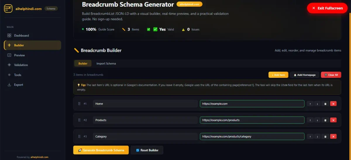 Breadcrumb Schema Builder में Home, Products और Category के नाम तथा URL जोड़ने के लिए Add Item और Generate Breadcrumb Schema विकल्प