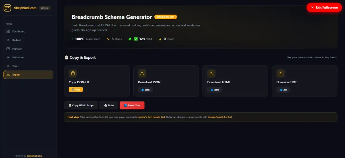 Breadcrumb Schema Generator के Export Panel में Copy JSON-LD, Download JSON, Download HTML, Download TXT और Print विकल्प