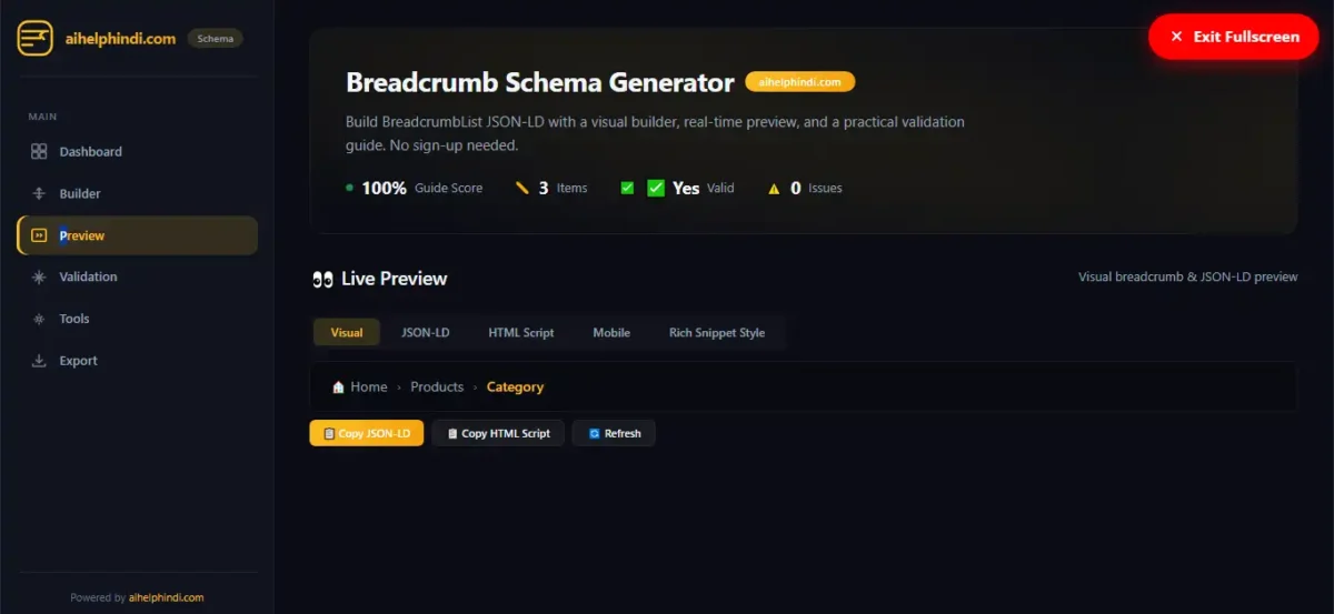 Breadcrumb Schema Generator के Live Preview में Home, Products और Category का breadcrumb trail तथा Visual, JSON-LD, HTML Script और Mobile tabs