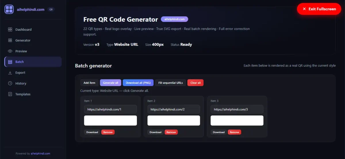 Bulk QR Code Generator के Batch Panel में Add Item, Generate All और Download All PNG विकल्पों के साथ कई QR Code आइटम