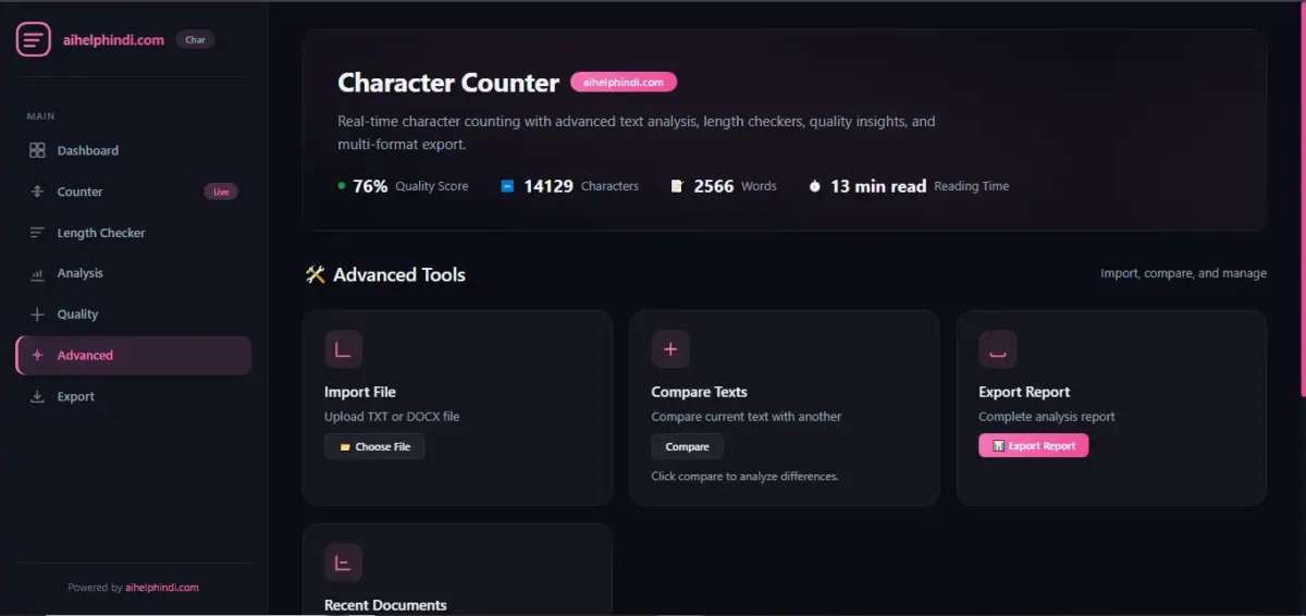 Character Counter Tool के Advanced Tools में Import File, Compare Texts और Export Report के विकल्प