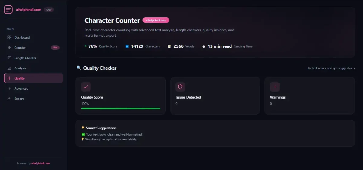 Character Counter Tool के Quality Checker में Quality Score, Issues Detected, Warnings और Smart Suggestions