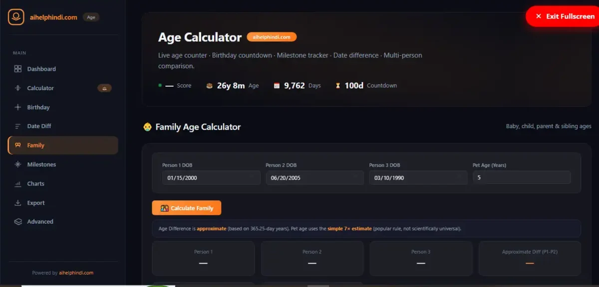 Family age calculator में तीन लोगों और pet की उम्र की तुलना करने के विकल्प