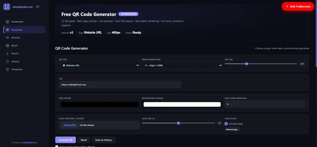Free Online QR Code Generator Tool में QR type, URL, error correction, size, colour और logo सेट करने का फॉर्म