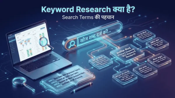 Keyword research में search terms और related keywords की पहचान