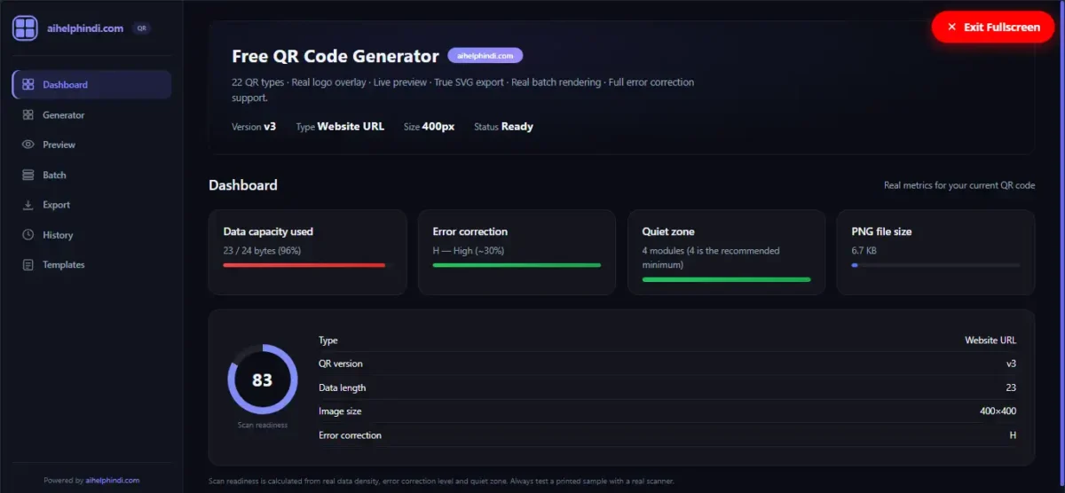 QR Code Generator Dashboard में data capacity, error correction, quiet zone, PNG file size और scan readiness score