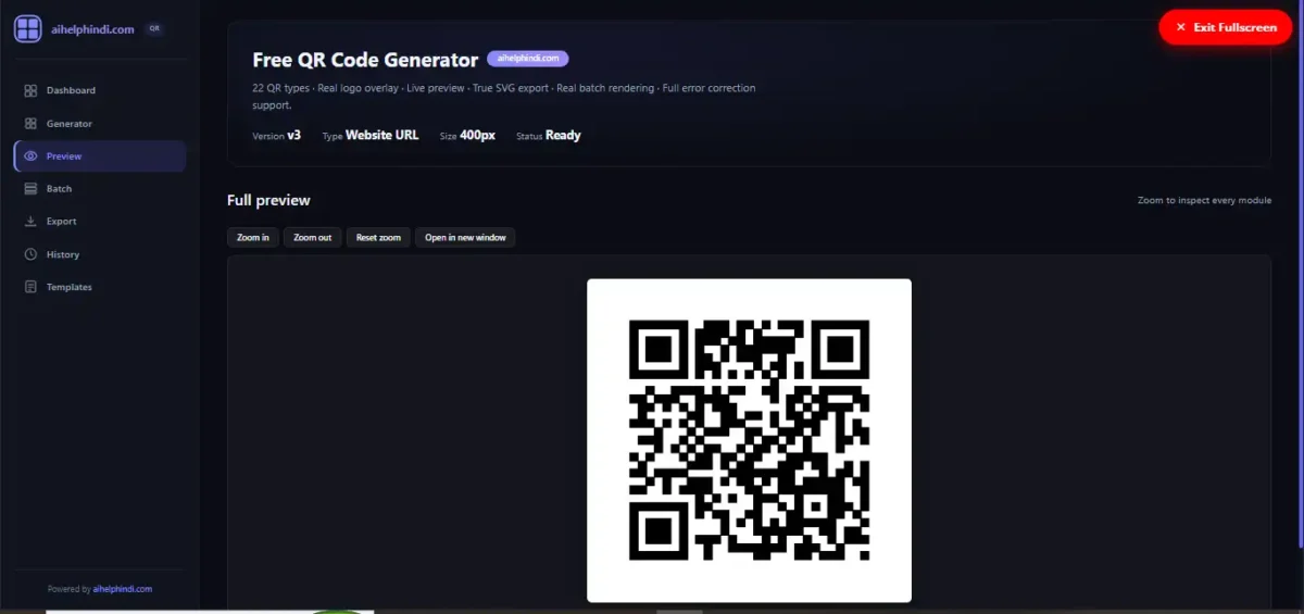 QR Code Generator के Full Preview में Zoom In, Zoom Out और Reset Zoom विकल्पों के साथ QR Code