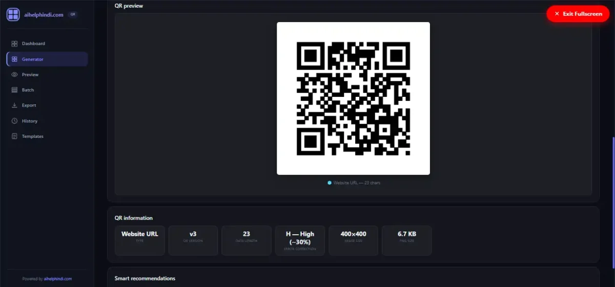 QR Code Generator के Preview में तैयार QR Code और QR version, data length, error correction तथा image size की जानकारी