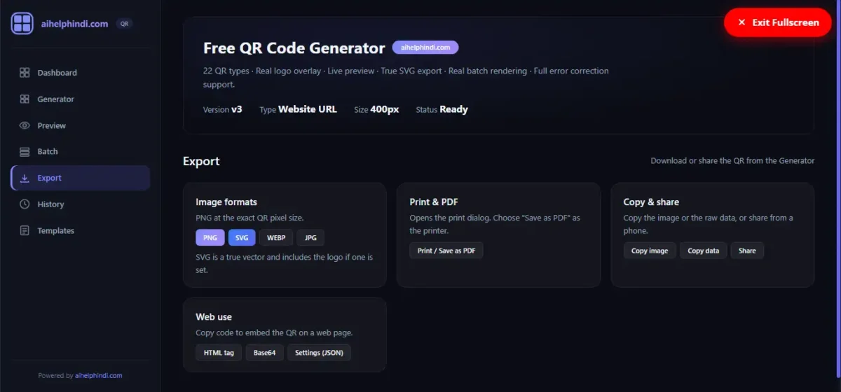 QR Code Generator के Export Panel में PNG, SVG, WEBP, JPG, Print PDF, Copy Image और Share विकल्प