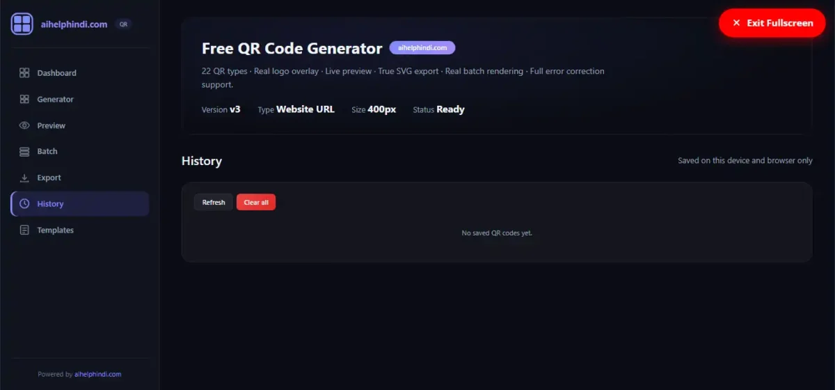 QR Code Generator के History Panel में Refresh और Clear All विकल्प तथा इसी डिवाइस पर सेव किए गए QR Codes की सूची