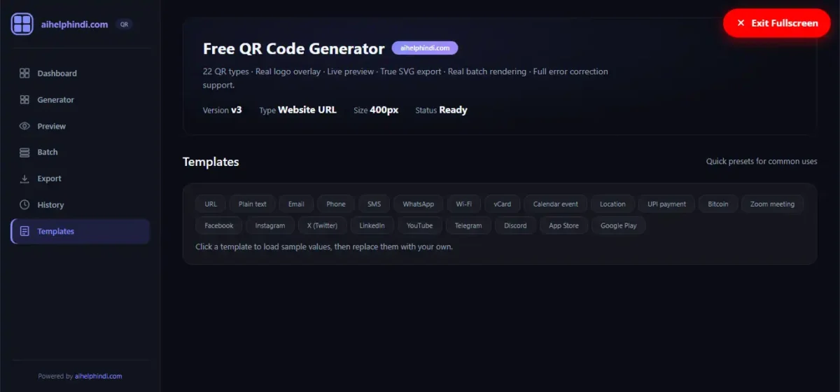 QR Code Generator के Templates Panel में URL, Email, Phone, SMS, WhatsApp, Wi-Fi, vCard और UPI Payment के preset विकल्प