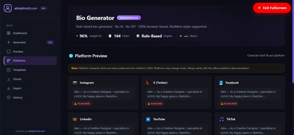 Social media bio platform preview में Instagram, X और Facebook के लिए Bio की लंबाई जाँचने का इंटरफेस