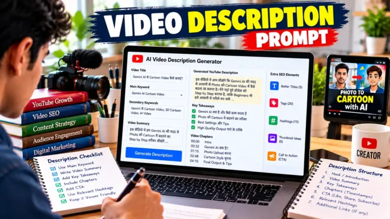 AI Video Description Prompt for YouTube keywords, summaries, chapters, CTAs and hashtags