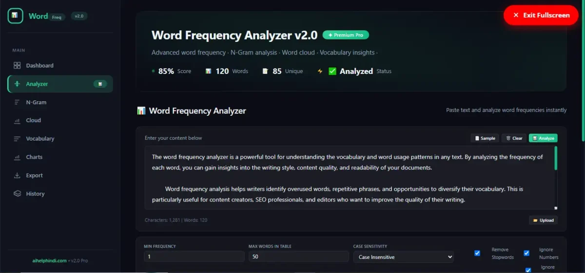 Word Frequency Analyzer में टेक्स्ट पेस्ट करने, Sample लोड करने और Analyze करने का Word Counter Interface