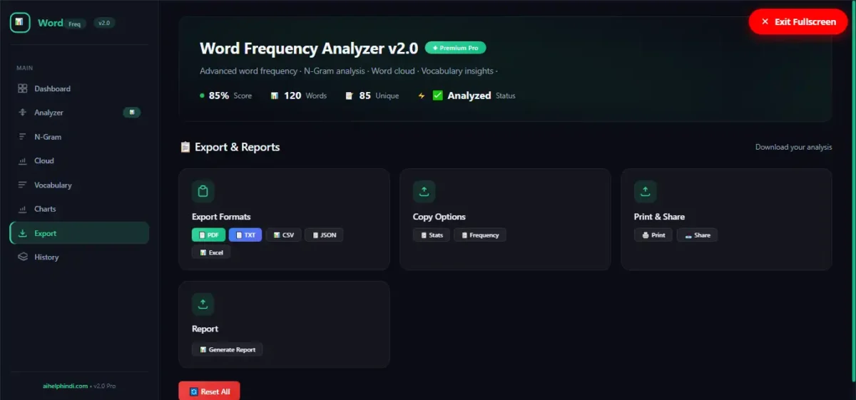 Word Frequency Analyzer के Export सेक्शन में PDF, TXT, CSV, JSON, Excel, Copy Stats और Print विकल्प