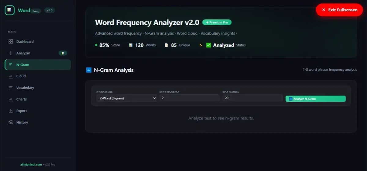 Word Frequency Analyzer के N-Gram Analysis में Bigram, Minimum Frequency और Maximum Results सेटिंग्स