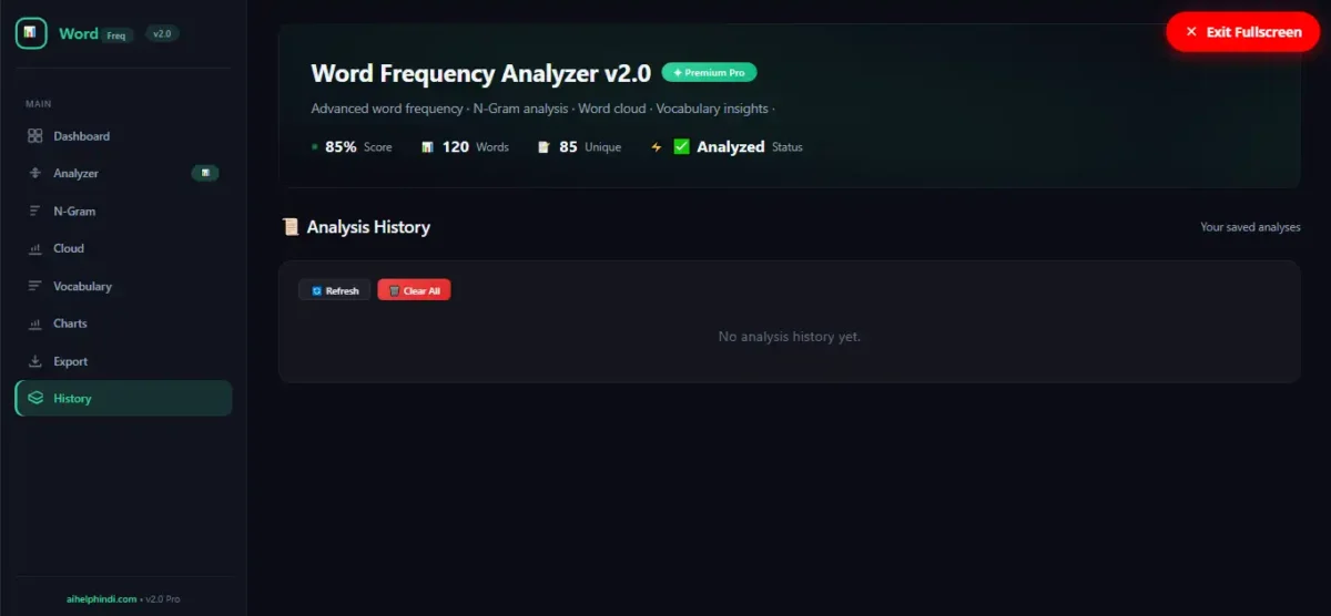 Word Frequency Analyzer के Analysis History सेक्शन में Refresh और Clear All बटन