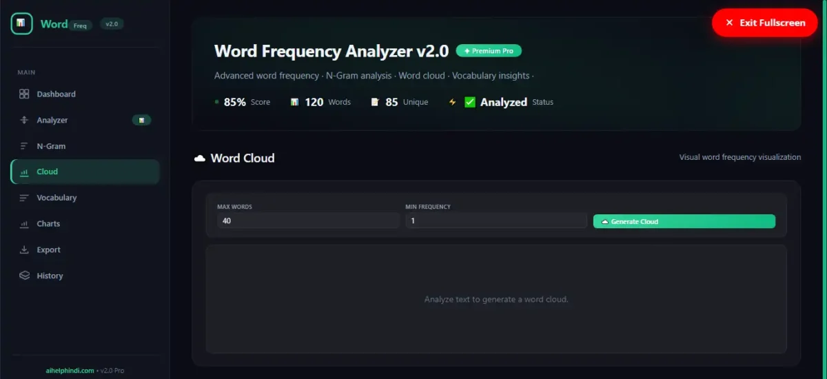 Word Frequency Analyzer के Word Cloud सेक्शन में Max Words, Minimum Frequency और Generate Cloud विकल्प